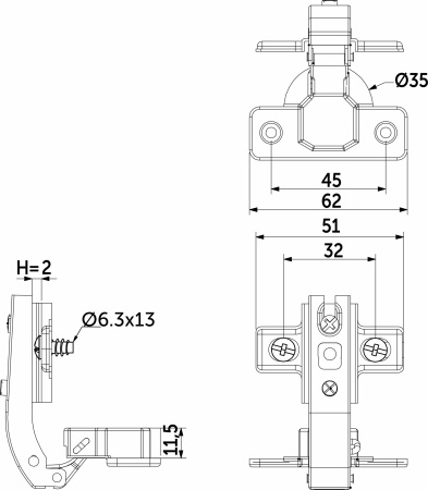 картинка Петля под фальшпанель 90° с пружиной 45мм h2 slide-on AKS (еврошурупы) от магазина SEFI