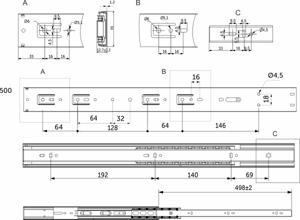 картинка Направляющая шариковая L-500 h=45 AKS PLUS SOFT CLOSE от магазина SEFI