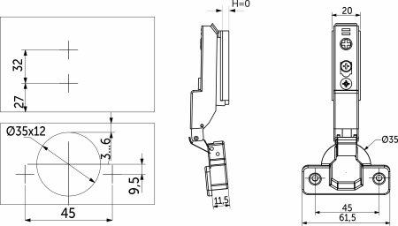 картинка Петля полунакладная с доводчиком 45мм h0 clip-on AKS PLUS 3D узкая (саморезы, заглушки) от магазина SEFI