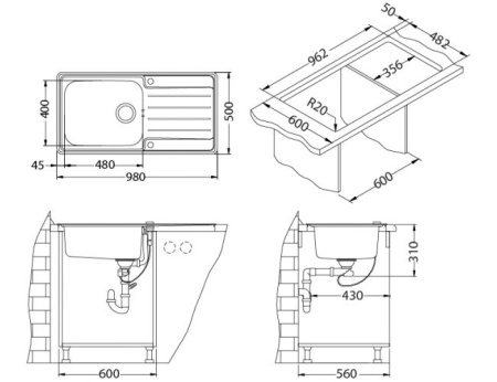 картинка Мойка ALVEUS PRAKTIK 100-LEI 980X500 в комплекте с сифоном 1127251, от магазина SEFI