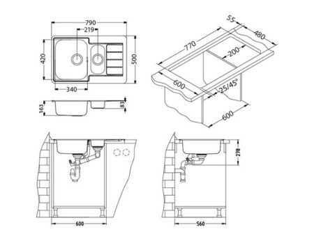 картинка Мойка LINE 70 NAT-90 790X500 в компл. с сифоном 1130555, от магазина SEFI