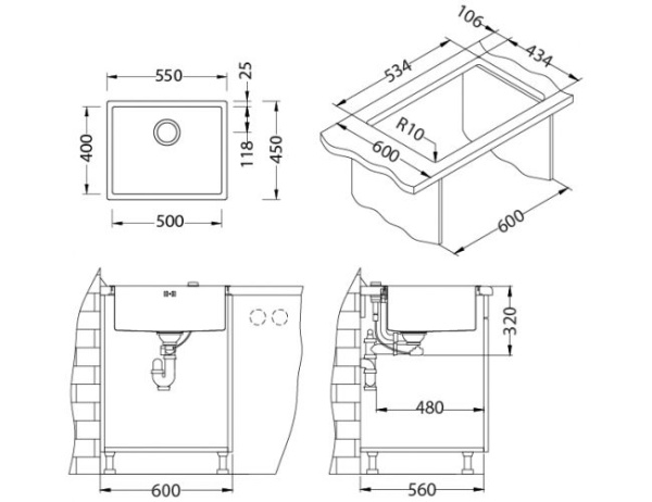 картинка Мойка QUADRIX MONARCH 50 ANTHRACITE 550X450X200 в компл. с выпуском без сифона, от магазина SEFI