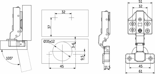 картинка Петля полунакладная с доводчиком 45мм h0 clip-on PRIME by AKS 3D (саморезы, заглушки) (упак.-2шт.) от магазина SEFI