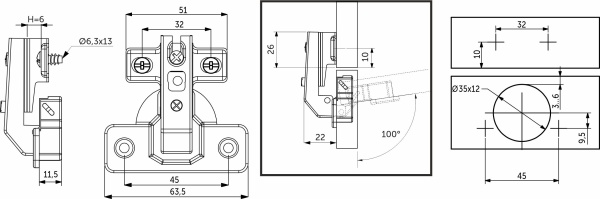 картинка Петля под фальшпанель 90° с пружиной 45мм h6 slide-on AKS (еврошурупы) короткое плечо от магазина SEFI