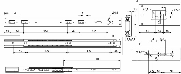 картинка Направляющая шариковая L-600 h=45 AKS PLUS SOFT CLOSE от магазина SEFI