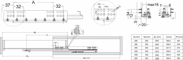 картинка Направляющая скрытого монтажа L-500 с доводчиком ДСП до16mm насадной монтаж AKS QType 3/4 от магазина SEFI