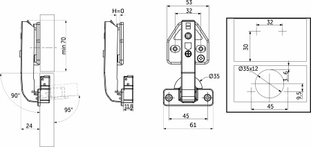 картинка Петля под фальшпанель 90° с доводчиком 45мм h0 clip-on AKS PLUS 3D (саморезы, заглушки) от магазина SEFI