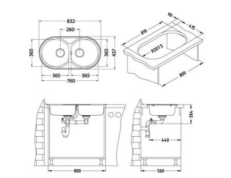 картинка Мойка ALVEUS FORM 50 LEI-90 832X437 в комплекте с сифоном 1130557, от магазина SEFI