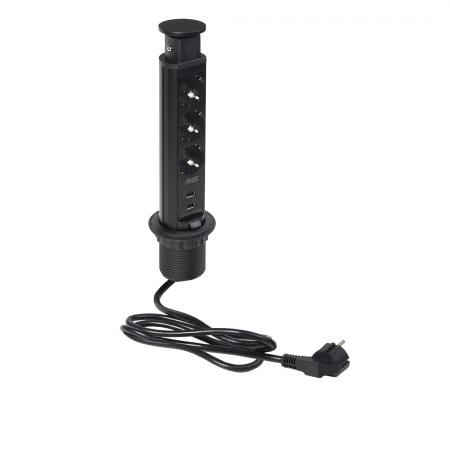 картинка Выдвижной удлинитель Vulcan USB, 60 мм 3 розетки 2 USB, крышка пластик, цвет черный, тип 2, AKS от магазина SEFI