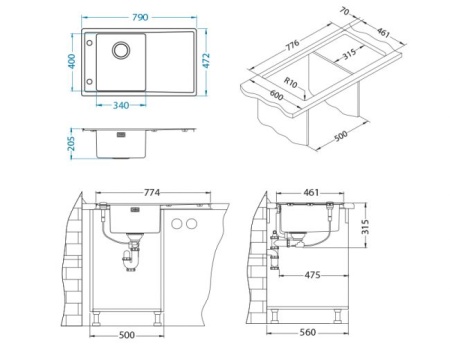 картинка Мойка STRICTO 10L KMB 90 FI левая 790X472 в комплекте с сифоном 1127252, от магазина SEFI