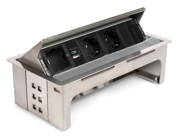 картинка Блок розеток с крышкой Push & Pul: 2 евророзетки 220В, 2 USB-зарядки Type A+C, пустой модуль ASA Plastici VersaNet, корпус нержавеющая сталь, наполнение черное, щетина полупрозрачная. (06131F00028) от магазина SEFI