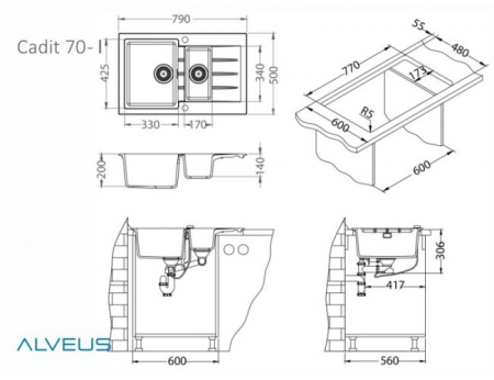 картинка Мойка ALVEUS GRANITAL CADIT 70 CONCRETE - G81 790 X 500 в компл с 1132822, от магазина SEFI