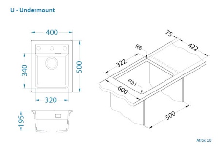 картинка Мойка ALVEUS GRANITAL ATROX 10 ARCTIC - G11 400 X  500  1X в комплекте с сифоном 1132823, от магазина SEFI
