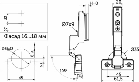 картинка Петля внутренняя с доводчиком 45мм h0 clip-on AKS PLUS 3D узкая черная (саморезы, заглушки) от магазина SEFI
