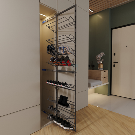 картинка Обувница TALL BENKO с 8 полками для обуви, высота 1870 мм, распашной фасад от 350 мм, антрацит Duslar от магазина SEFI