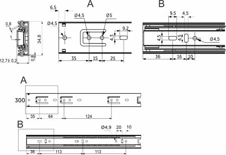 картинка Направляющая шариковая L-300 h=35 AKS C магазин SEFI являющийся официальным дистрибьютором в России  картинка Направляющая шариковая L-300 h=35 AKS C от магазина SEFI