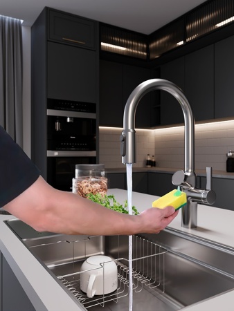 картинка Смеситель Oulin OL-8018 с дозатором моющего средства, выдвижным душом и подключением фильтрованной воды, цвет сатин от магазина SEFI