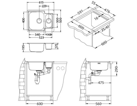 картинка Мойка LINE MAXIM 50  SAT-90 610X500 в компл. с сифоном 1130555, от магазина SEFI