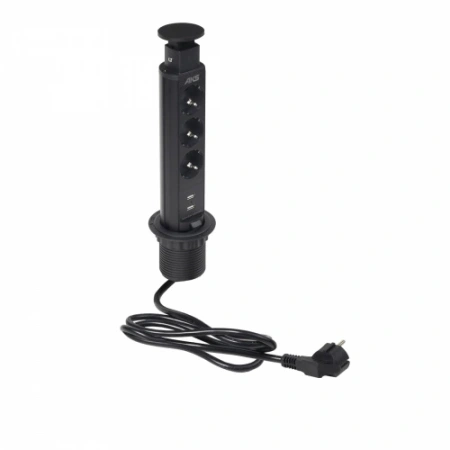 картинка Выдвижной удлинитель Vulcan USB, 60 мм 3 розетки 2 USB, крышка пластик, черный, AKS от магазина SEFI