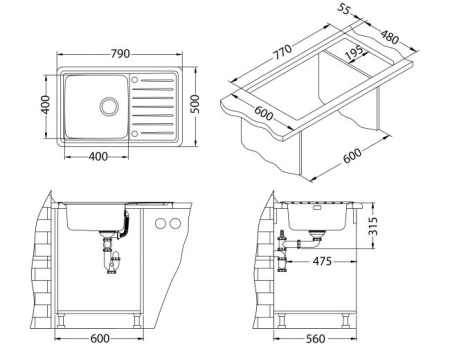 картинка Мойка GALEO 20 SAT 90 FI 790X500 в комплекте с сифоном 1127251, от магазина SEFI