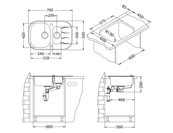картинка Мойка ALVEUS WAVE 20 черный 760X5001X, в компл.с сиф. 1127251 от магазина SEFI