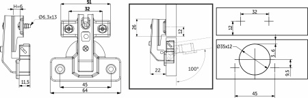 картинка Петля под фальшпанель 90° с доводчиком 45мм h6 несъемная планка AKS (еврошурупы) короткое плечо от магазина SEFI