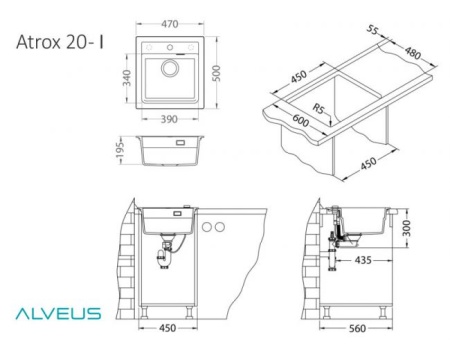 картинка Мойка ALVEUS GRANITAL ATROX 20 CARBON - G91 470 X  500  1X в комплекте с сифоном 1132823, от магазина SEFI
