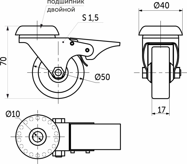 картинка Колесо меб. d50 h70 под винт М10 с рез.ободом с торм., серый AKS от магазина SEFI