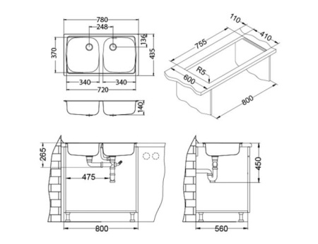 картинка Мойка BASIC 160 LEI-60 780X435 в комплекте с сифоном 1071240, от магазина SEFI