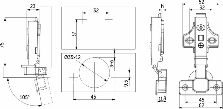 картинка Петля накладная с доводчиком 45мм h0 clip-on AKS PRIME (саморезы, заглушки) от магазина SEFI