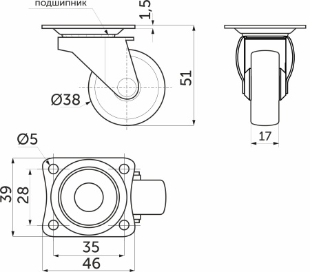 картинка Колесо меб. d38 h51 с площадкой с рез.ободом, черный AKS от магазина SEFI