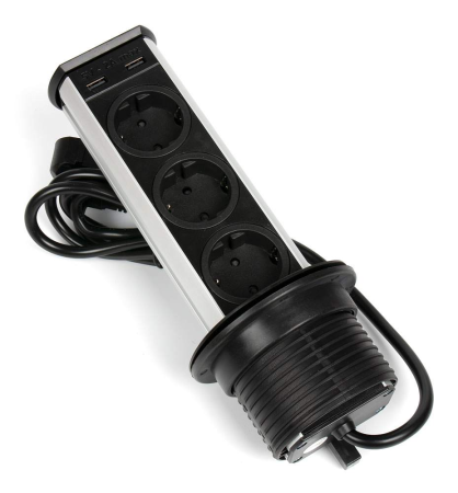 картинка Выдвижной блок: 3 электрические розетки + 2 USB-зарядки Type A SFL BRICK, черный (арт. A9503) от магазина SEFI