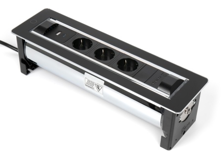 картинка Поворотный блок розеток: 3 евророзетки 220В, USB-зарядки Type A+C ASA Plastici VersaTurn 3.0, черное стекло, нержавеющая сталь (06024F00031) от магазина SEFI