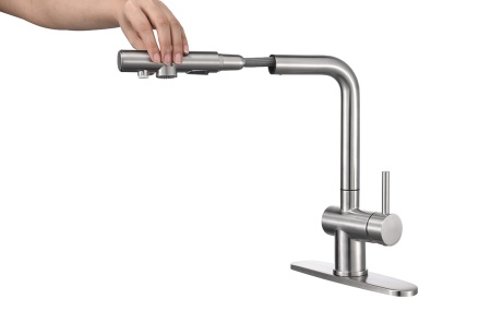 картинка Смеситель для кухонной мойки, с выдвижной лейкой и подключением фильтрованной воды EMAR EC-7020, цвет сатин от магазина SEFI