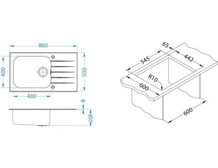 картинка Мойка GLASSIX UP 40 RAL9005-90 (белый цвет) 860X500 1 +1/2 в компл.с сифон 1123351, от магазина SEFI