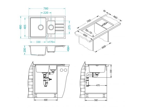 картинка Мойка Alveus INTERMEZZO 70 GRANITAL ARCTIC-G11 780X480X200;1+1/2 в ком.с сифоном 1117293, от магазина SEFI