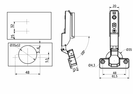 картинка Петля полунакладная с доводчиком 48мм h0 clip-on AKS PLUS 3D узкая (саморезы, заглушки) от магазина SEFI