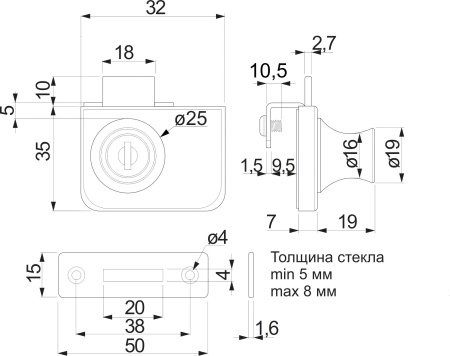 картинка Замок для стеклянной распашной двери механический 407 AKS от магазина SEFI