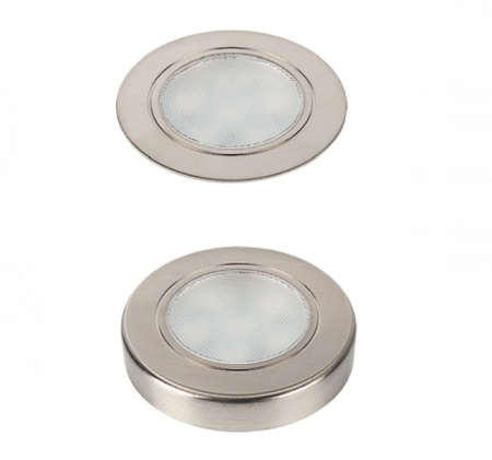 картинка Светодиодный светильник FOCUS 1,65Вт, 12В с кольцом для накл. монтажа, кабель 2,5м, свет теплый нерж. сталь от магазина SEFI