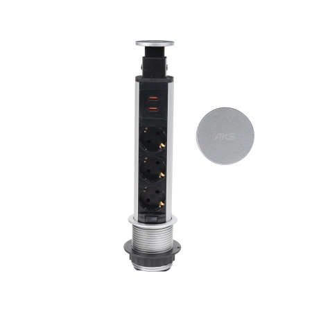 картинка Выдвижной удлинитель Vulcan USB, 60 мм 3 розетки 2 USB, крышка пластик, цвет алюминий, AKS от магазина SEFI