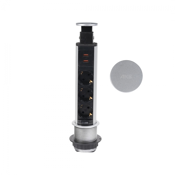 картинка Выдвижной удлинитель Vulcan USB, 60 мм 3 розетки 2 USB, крышка пластик, цвет алюминий, AKS от магазина SEFI