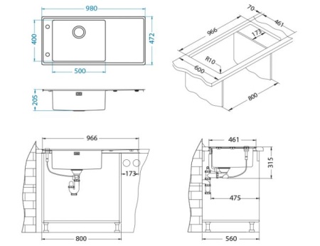 картинка Мойка Alveus STRICTO 30L KMB 90 FI левая 980X472 в комплекте с сифоном 1127252, от магазина SEFI