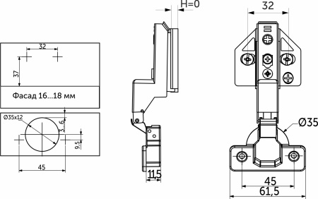 картинка Петля внутренняя с доводчиком 45мм h0 clip-on AKS PLUS 3D (саморезы, заглушки) от магазина SEFI