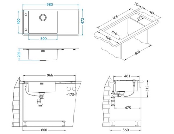 картинка Мойка Alveus STRICTO 30R KMB 90 FI правая 980X472 в комплекте с сифоном 1127252, от магазина SEFI