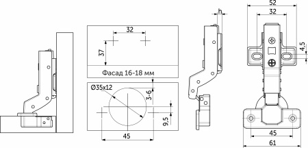картинка Петля внутренняя с доводчиком 45мм h0 clip-on PRIME by AKS (саморезы, заглушки) (упак.-2шт.) от магазина SEFI