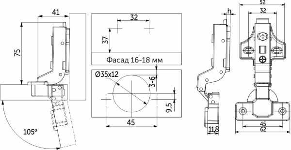 картинка Петля внутренняя с доводчиком 45мм h0 clip-on AKS PRIME (саморезы, заглушки) от магазина SEFI