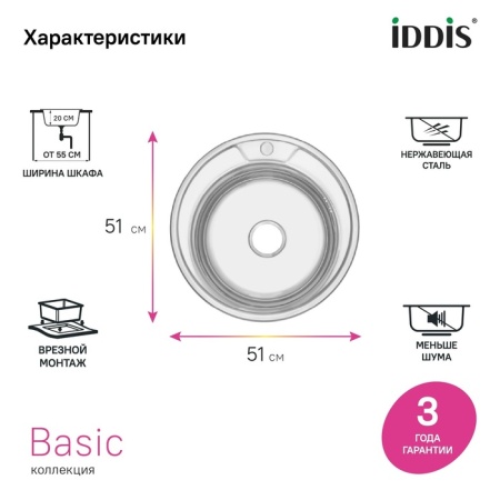 картинка Мойка IDDIS BAS51P1i77 нерж. cталь, полир., D510, Бэйсик (Basic), ID от магазина SEFI