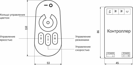 картинка Контроллер для светодиодной ленты Bicolor (CCT), контроллер+пульт+держатель, RF, 2.4 GHz, 12-24V DC, 18 A, 216/432W, GS от магазина SEFI