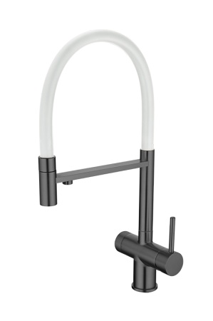 картинка Смеситель для кухонной мойки, с гибким гусаком и подключением фильтрованной воды EMAR EC-7024, цвет Чёрный PVD c белым шлангом от магазина SEFI