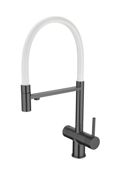 картинка Смеситель для кухонной мойки, с гибким гусаком и подключением фильтрованной воды EMAR EC-7024, цвет Чёрный PVD c белым шлангом от магазина SEFI